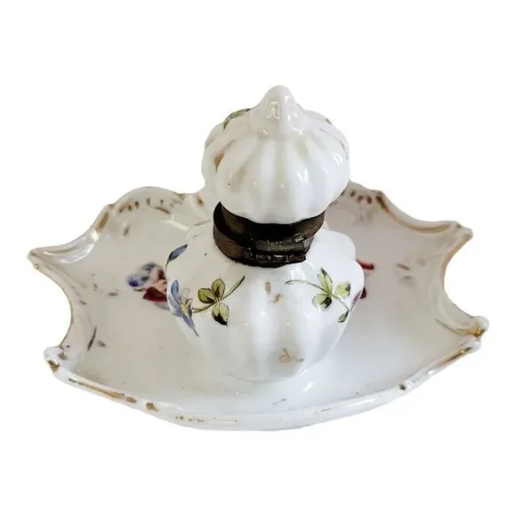 Vtg Hand Painted Porcelain Ink Well and Dish 5" Wide 3 1/2" Tall Floral Design - Picture 4 of 10